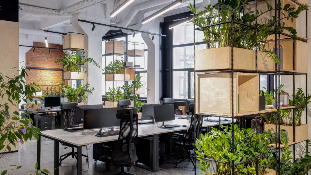 an office with plants and wooden decor
