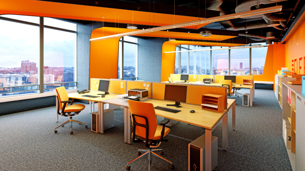 bright office with vibrant orange and yellow colours