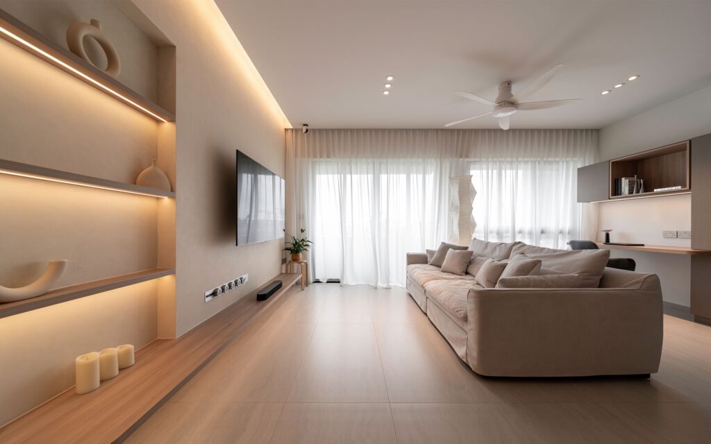 living room with built-in wall lights