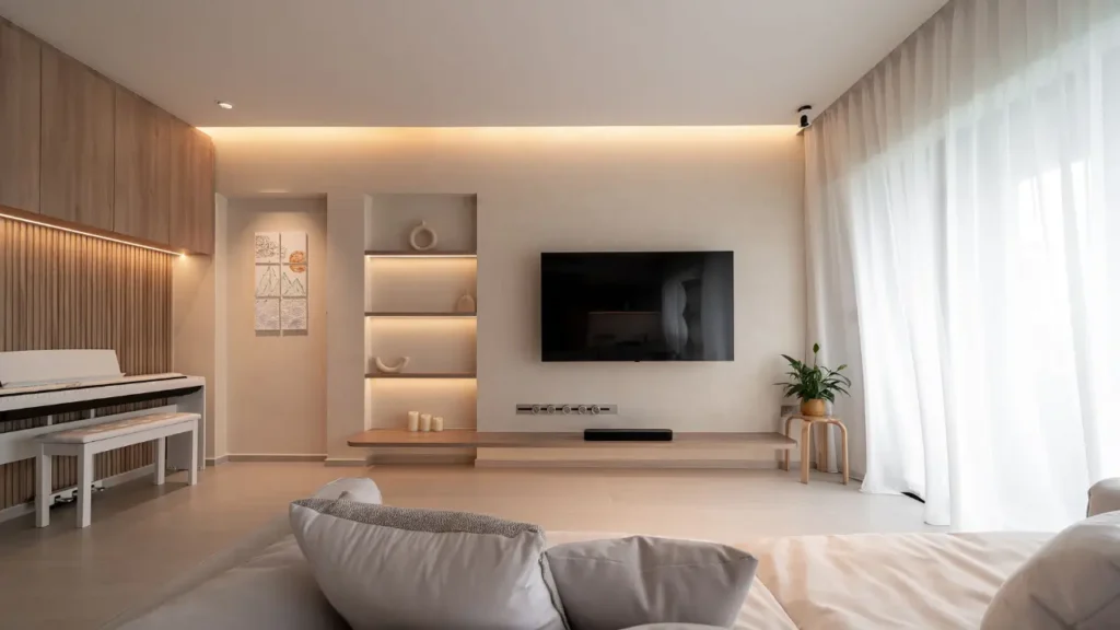 living room with vertical storage
