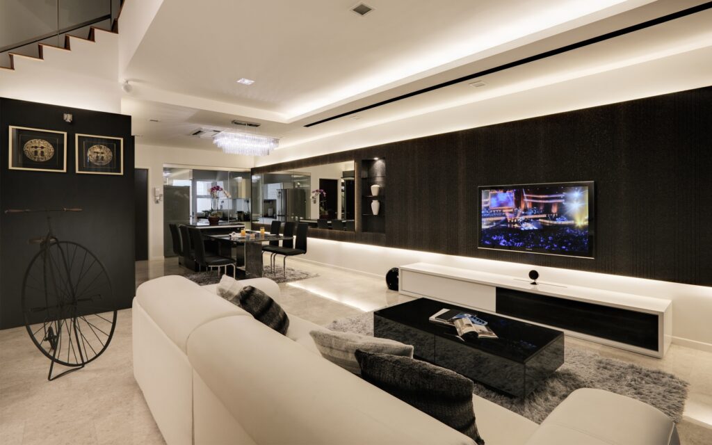 luxurious room with coffee table and modern furniture