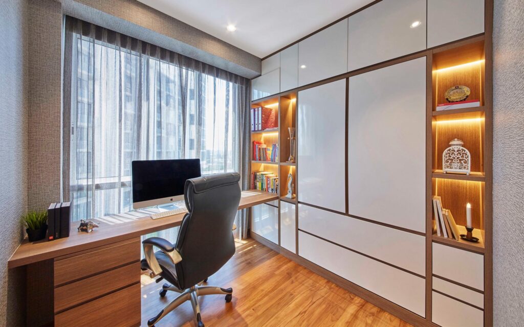 minimalist room with built-in shelves