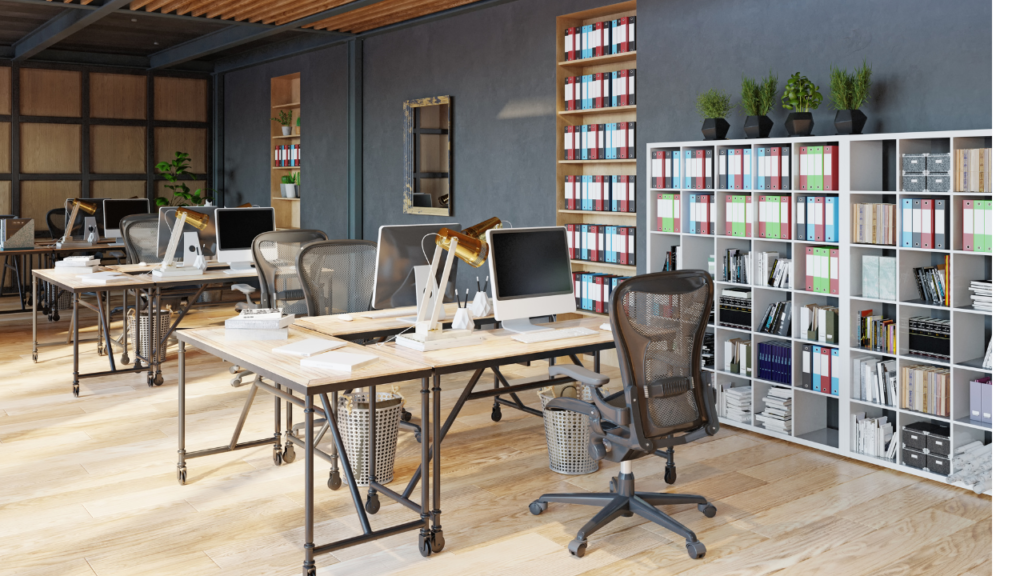 office with computers and shelves